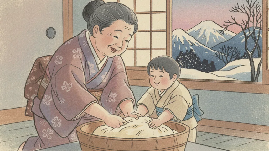 a grandmother teaching a child to knead bread