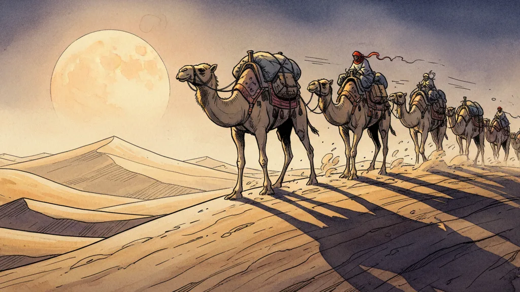 a camel caravan crossing tall dunes under a huge low moon, mysterious and moody