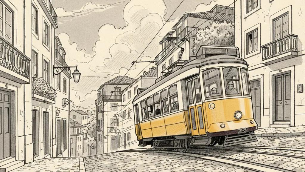 a bright tram climbing a steep Lisbon street