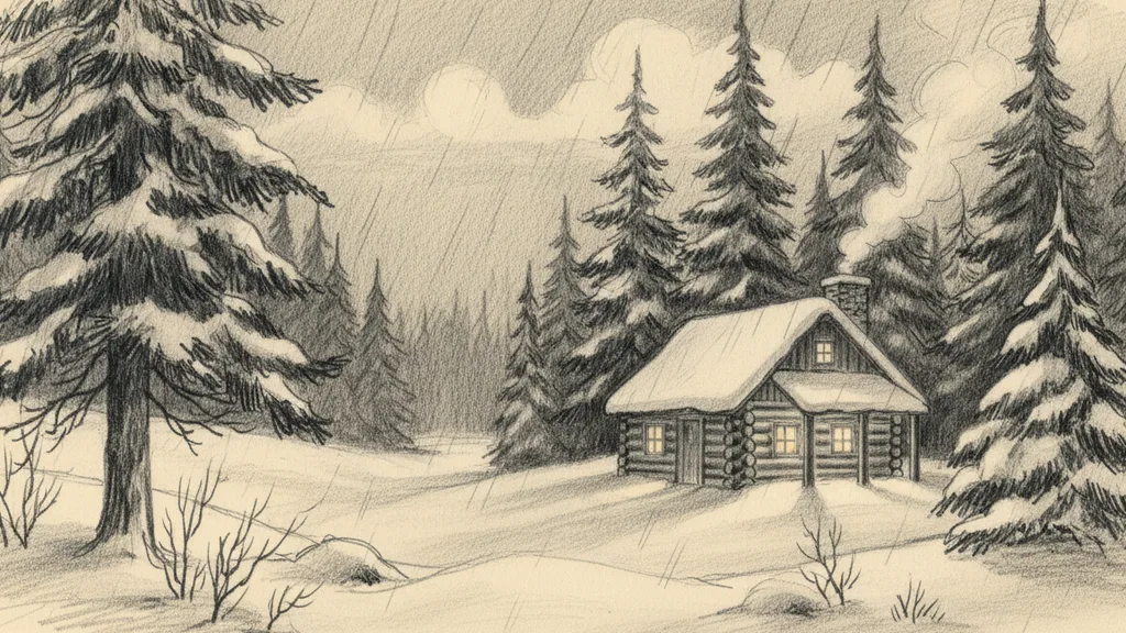 a log cabin in deep snow with pine trees and woodsmoke, still and serene