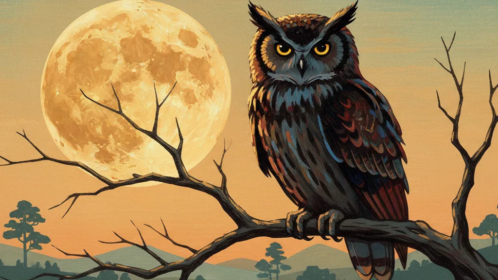 an owl on a bare branch silhouetted against a huge full moon, quiet and mysterious