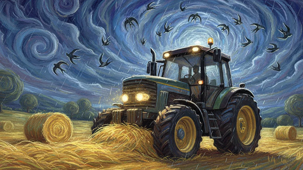 a farmer's tractor cutting golden hay, swallows overhead