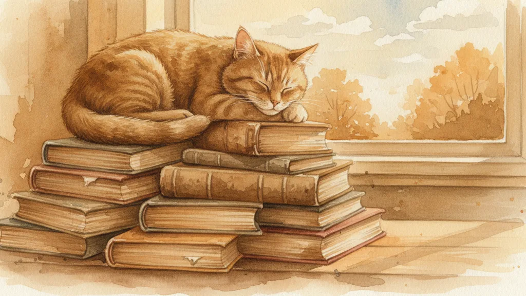 a stack of well-loved books with a sleeping tabby on top