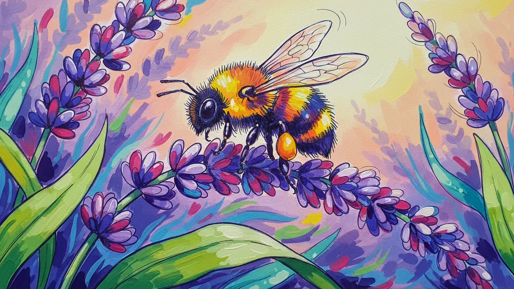 a busy bee on a lavender sprig, macro view