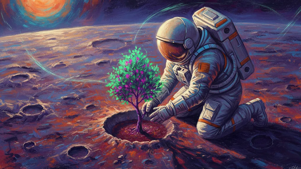an astronaut planting a small tree on the moon