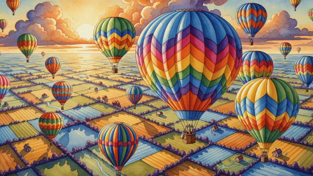 hot air balloons drifting over patchwork farmland at sunrise, playful and lighthearted