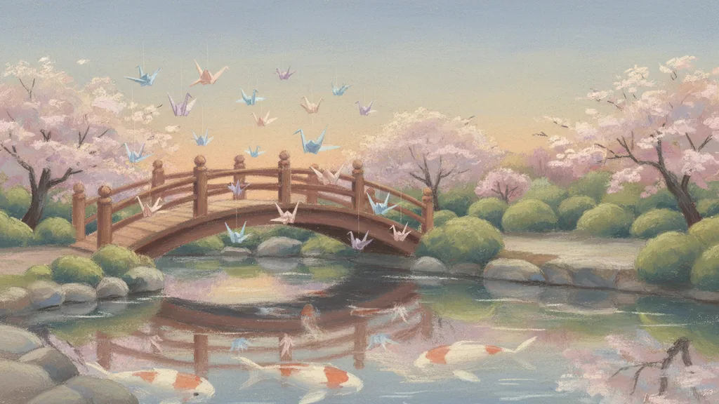 a koi pond garden with a wooden bridge and paper cranes, tranquil