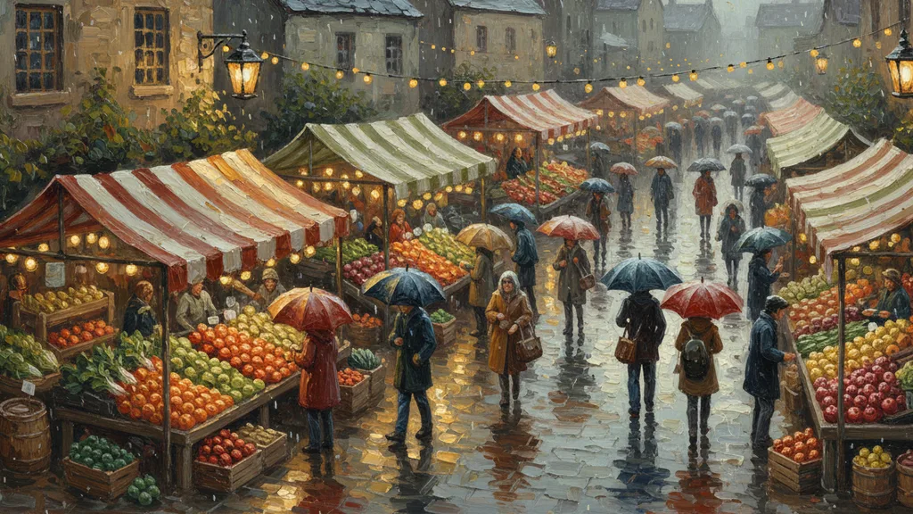 a bustling farmers market with striped awnings and stacked fruit, lively and playful
