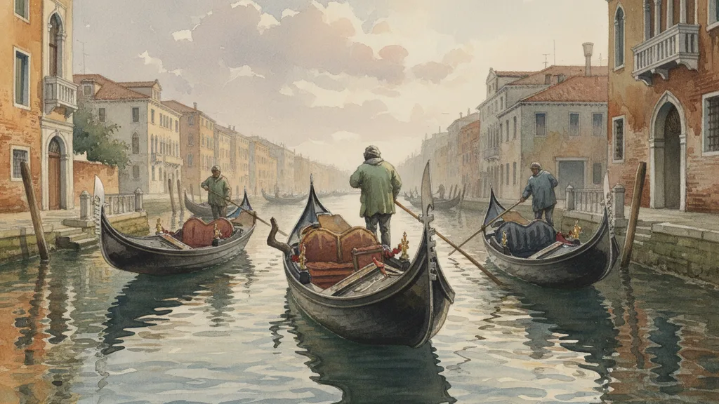 gondolas on a quiet venice canal in soft morning light, calm and serene