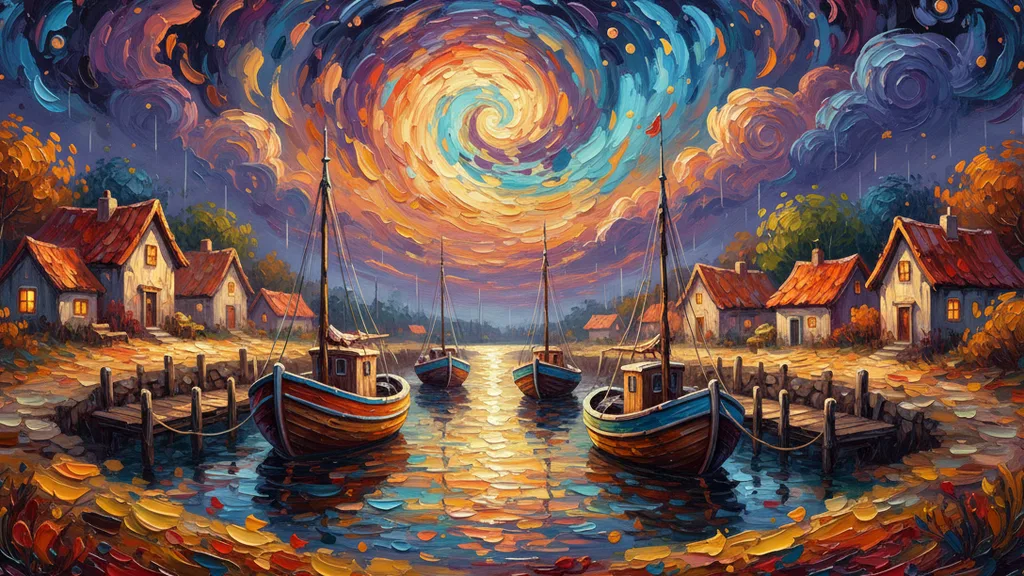 a small fishing harbor under a swirling starry night sky, dreamy and hazy