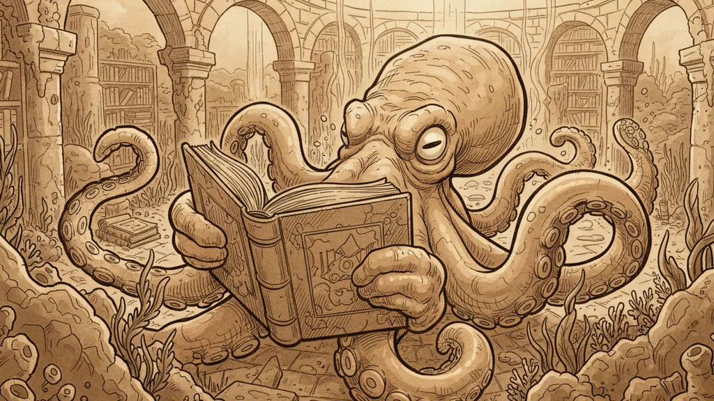 an octopus reading a book in a submerged library