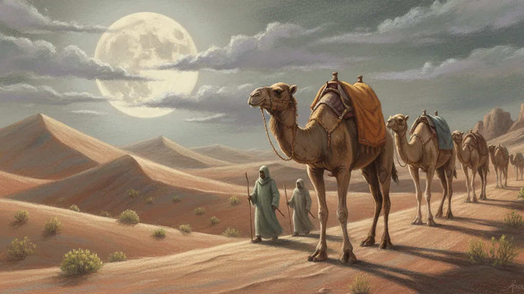 a camel caravan crossing tall dunes under a huge low moon, mysterious and moody
