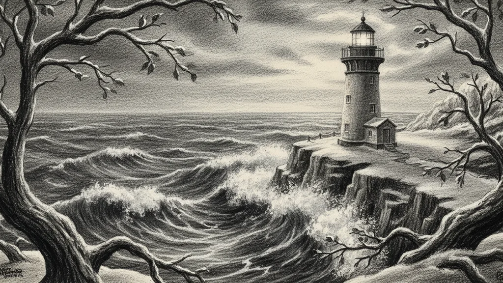 a lighthouse on a rocky cliff in a storm, huge waves crashing below, dramatic high contrast light