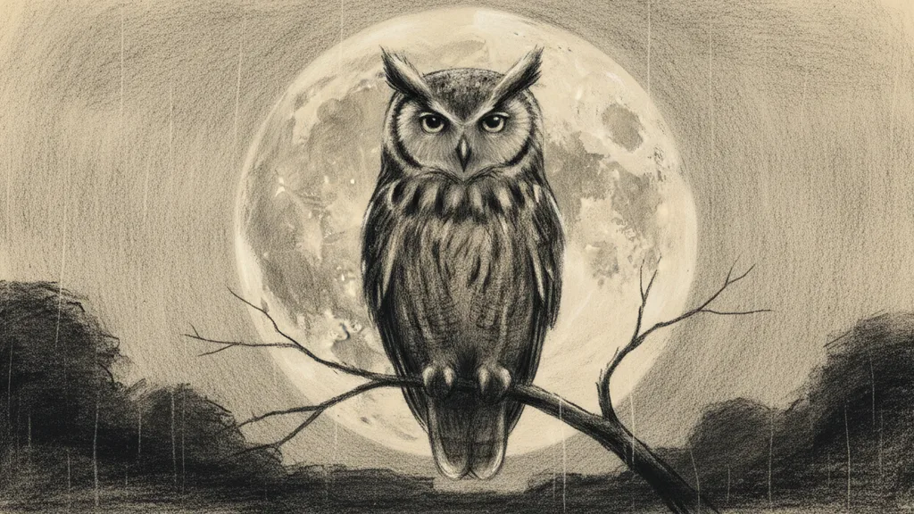 an owl on a bare branch silhouetted against a huge full moon, quiet and mysterious