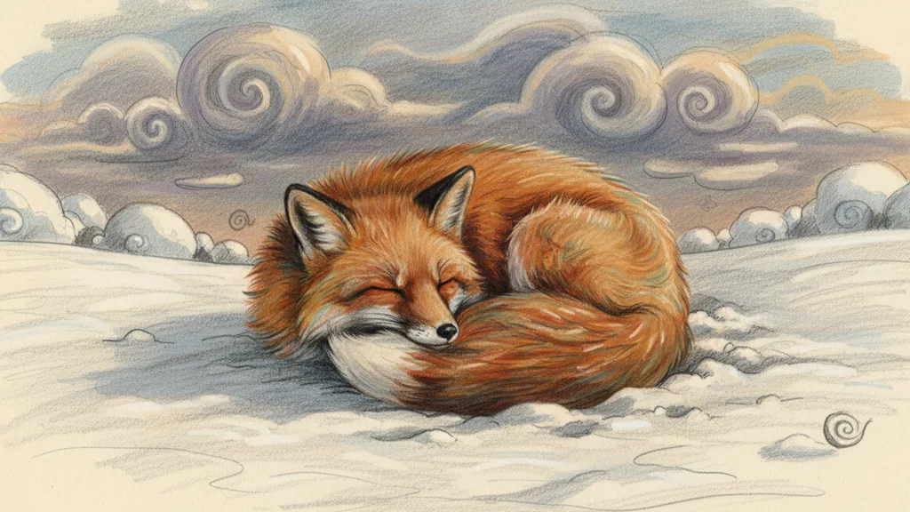 a red fox curled asleep in fresh snow