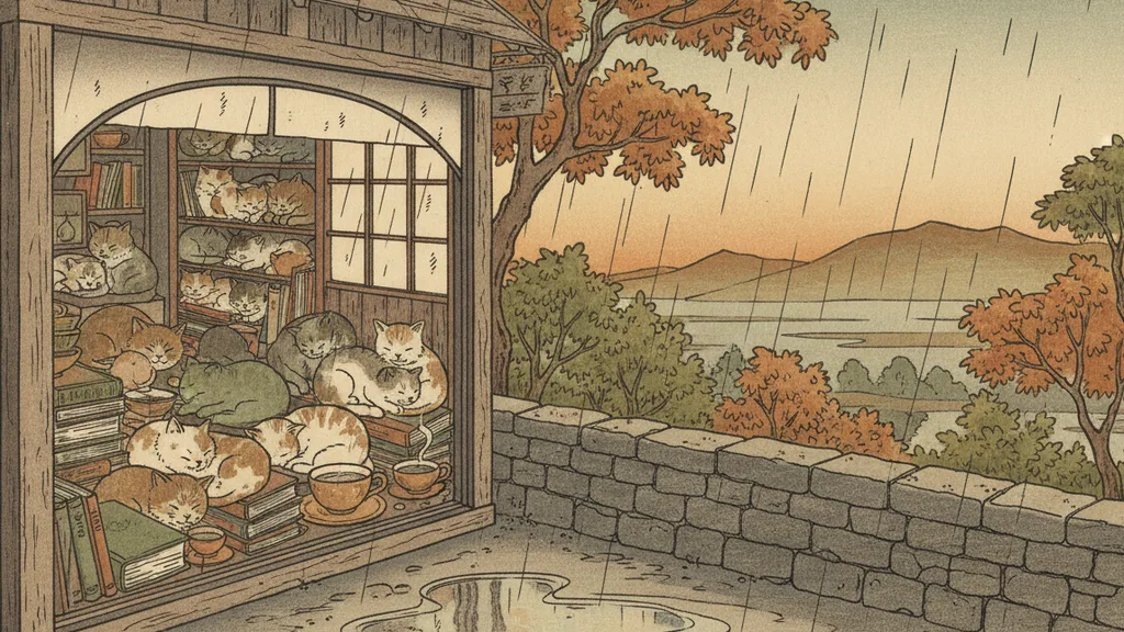 a tiny cafe full of sleeping cats among coffee cups and books, cozy and warm