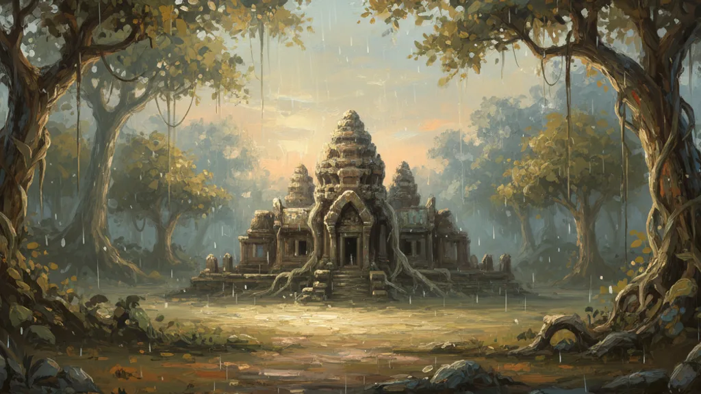 ancient temple ruins swallowed by jungle vines and shafts of light, mysterious