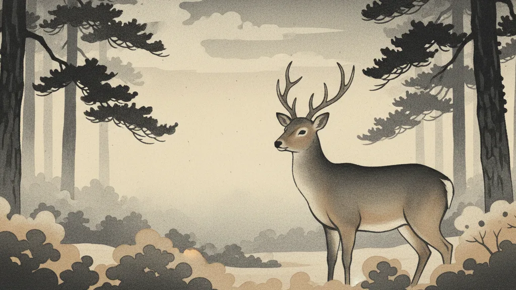 a foggy pine forest with a single deer