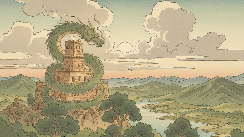 a dragon coiled around a mountaintop castle tower at sunset, dramatic and bold