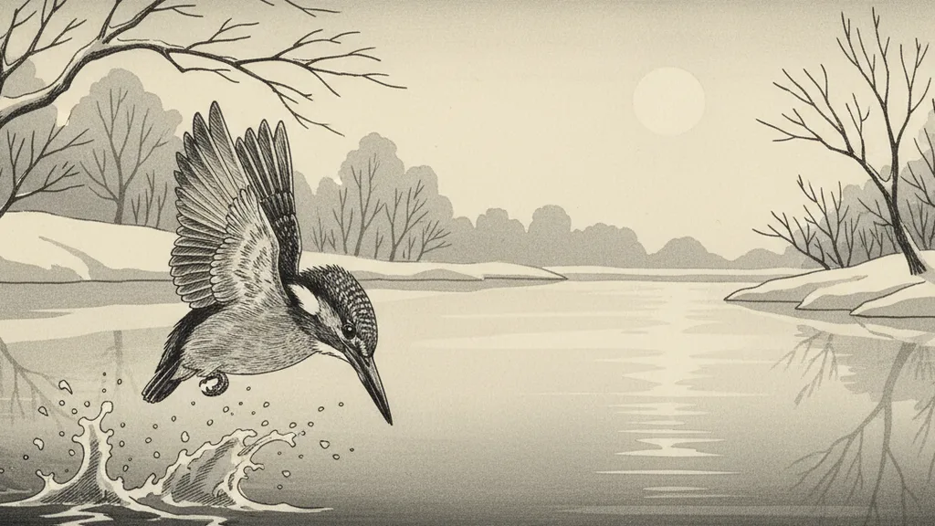 a kingfisher diving into a still river