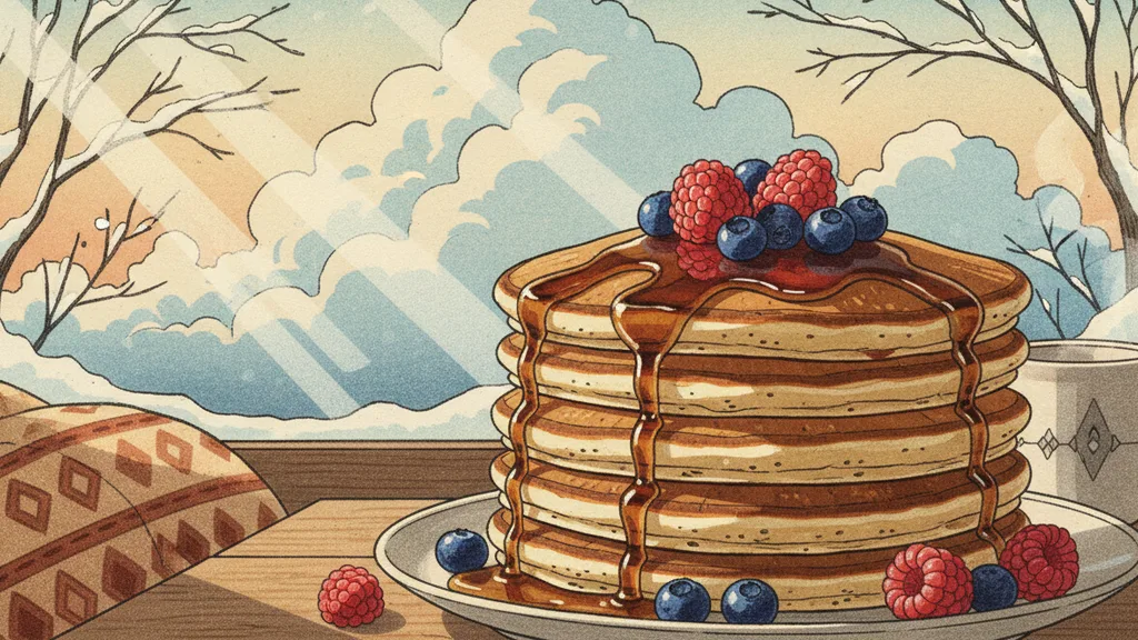 a stack of pancakes with syrup and berries, morning light