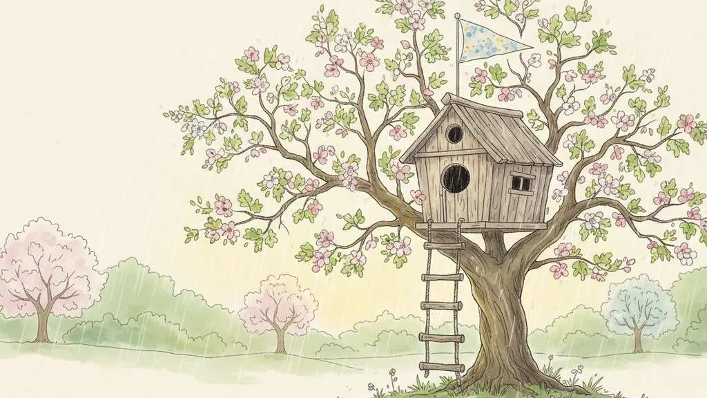 a child's treehouse with a rope ladder and a paper flag