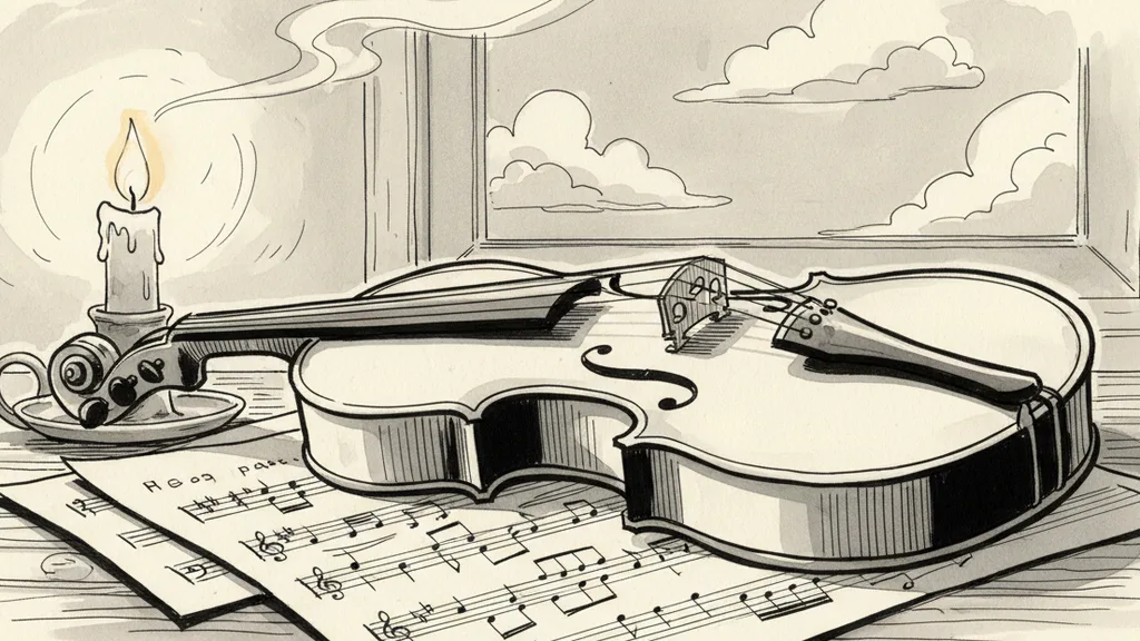 a violin resting on sheet music by candlelight
