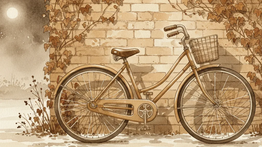 a vintage bicycle leaning on a sunlit brick wall with ivy