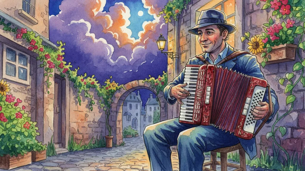 a street musician with an accordion in a Paris alley