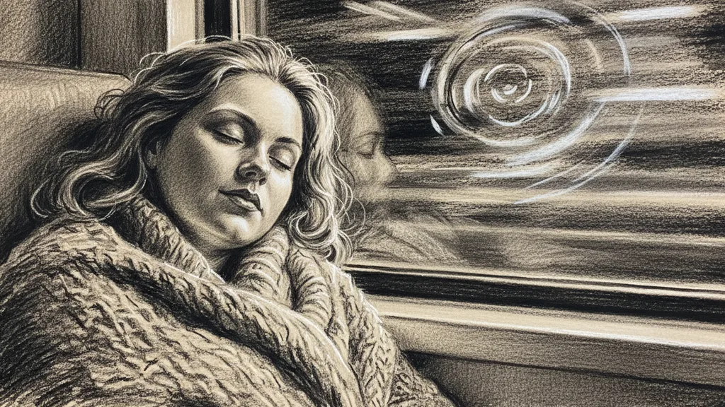 a night train window with a sleeping passenger and passing lights