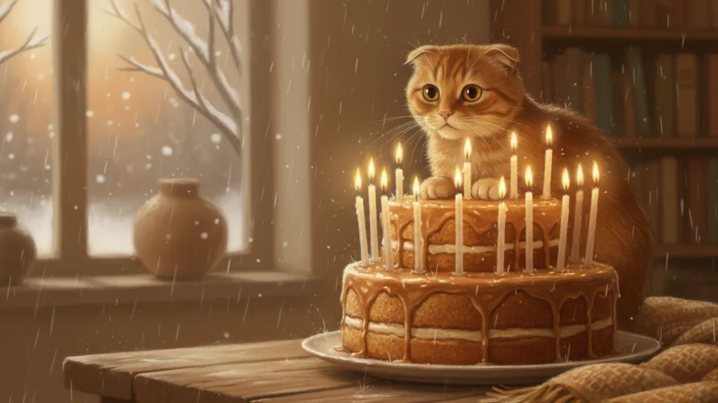 a birthday cake with too many candles and a nervous cat