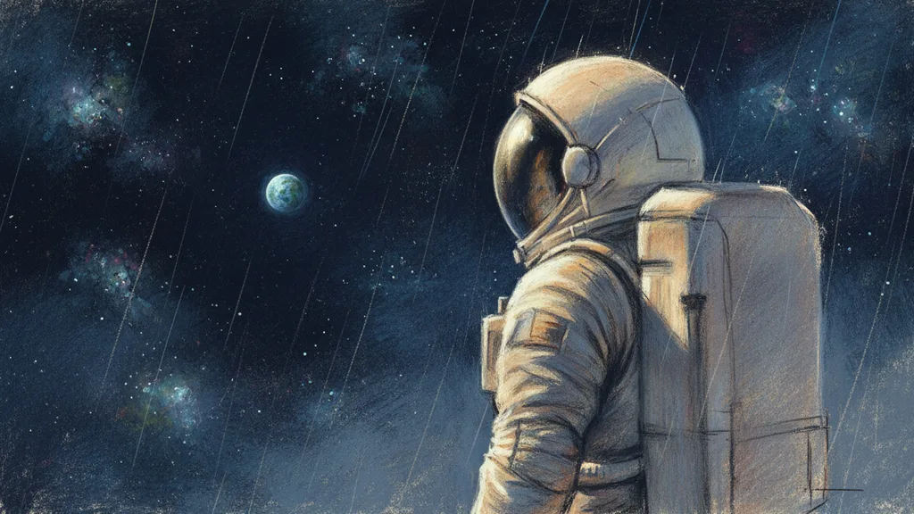 a lone astronaut looking back at a tiny blue Earth