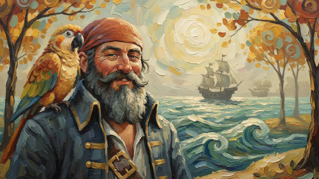a parrot on a pirate captain's shoulder, both squinting