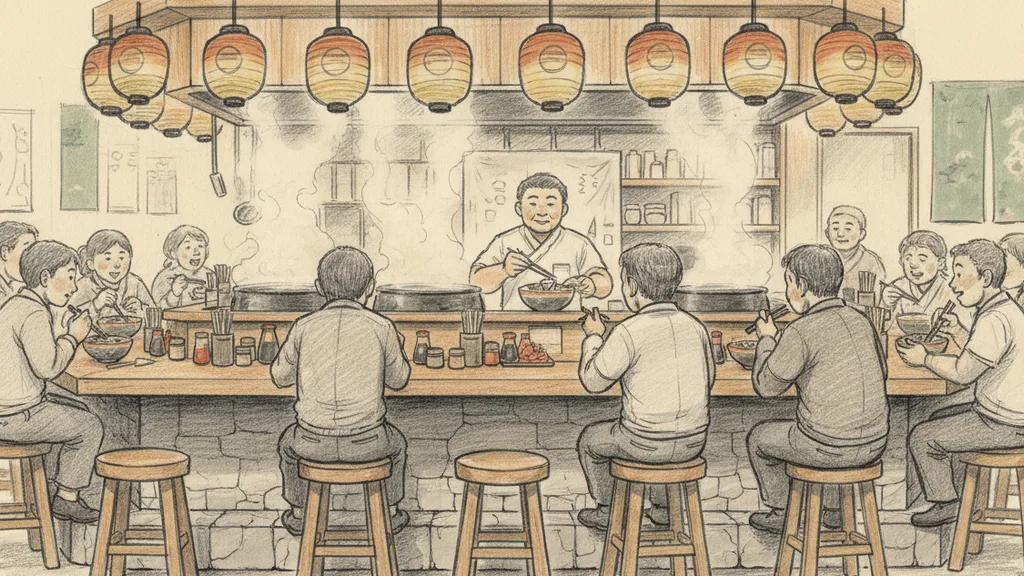 a bustling ramen shop counter, steam and hanging lanterns