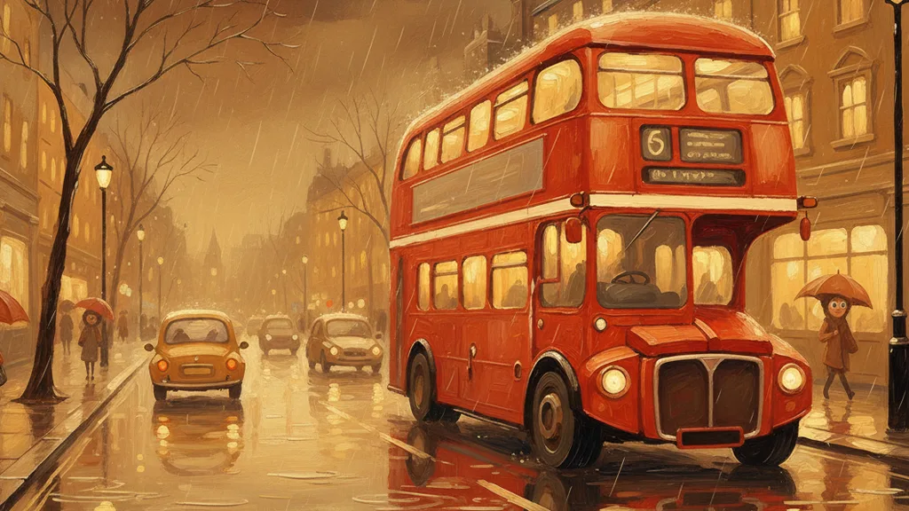 a rainy London street with a double-decker bus