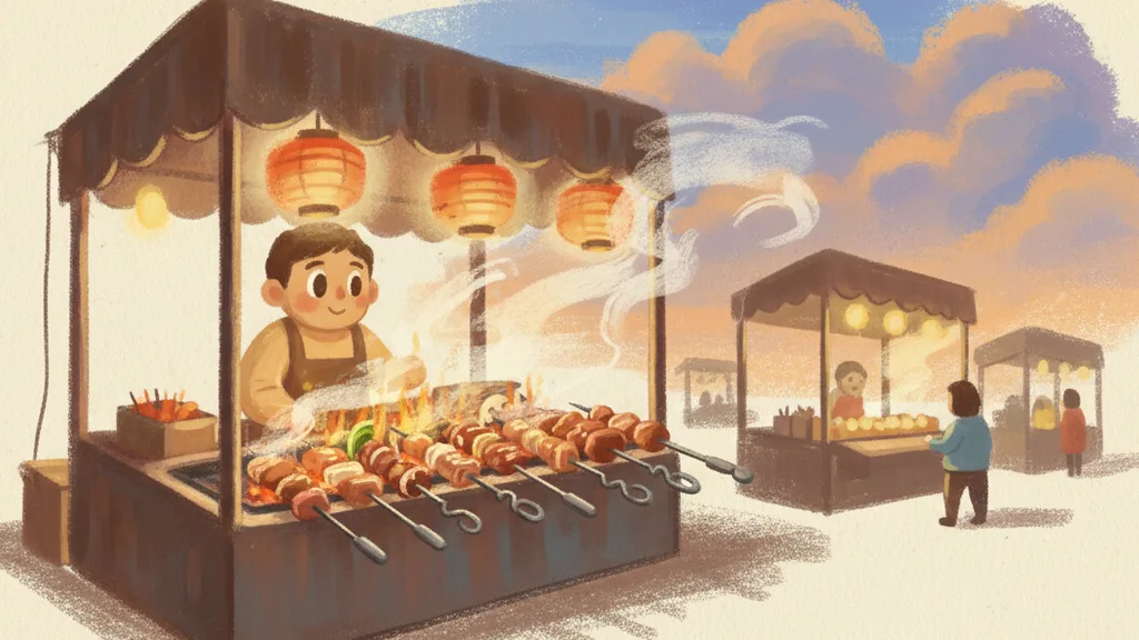 a night market food stall with sizzling skewers