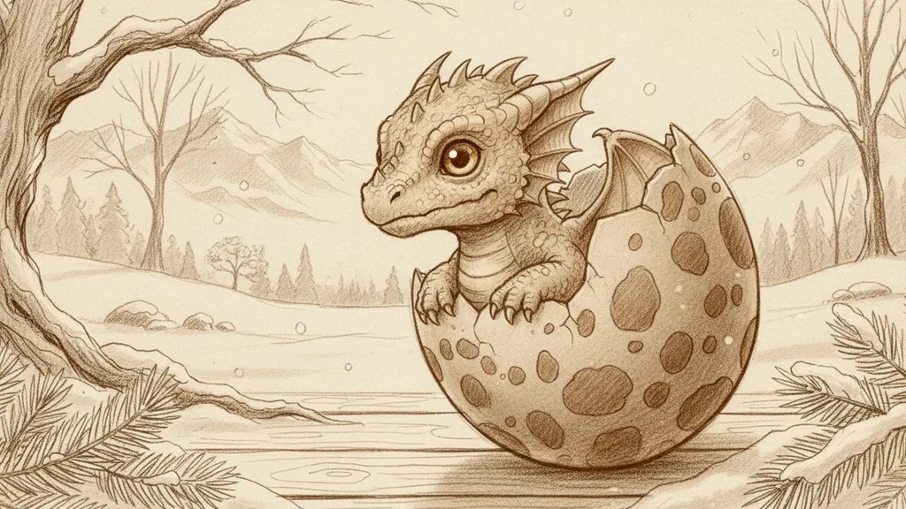 a tiny dragon hatching from a speckled egg