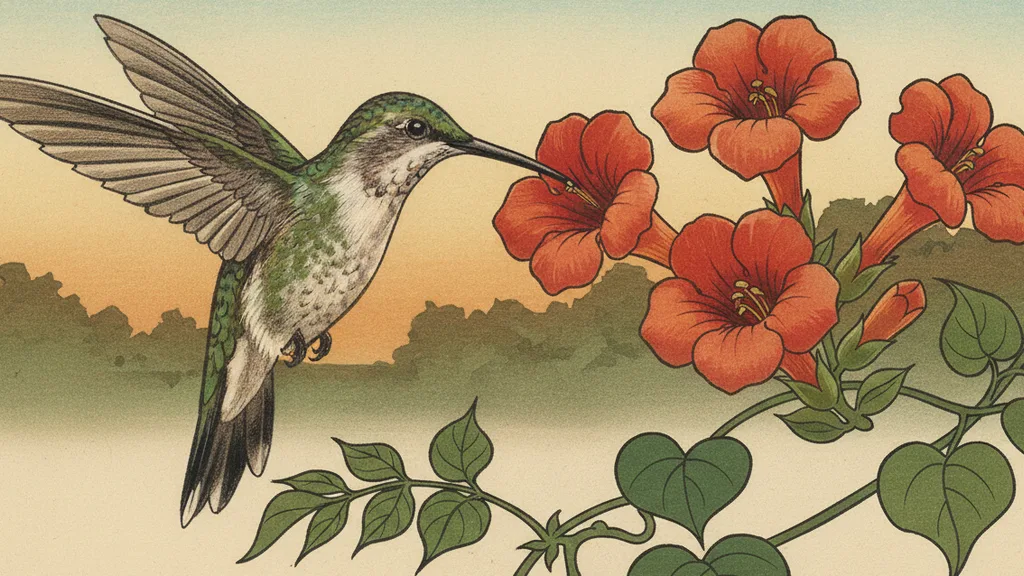 a hummingbird frozen at a trumpet flower