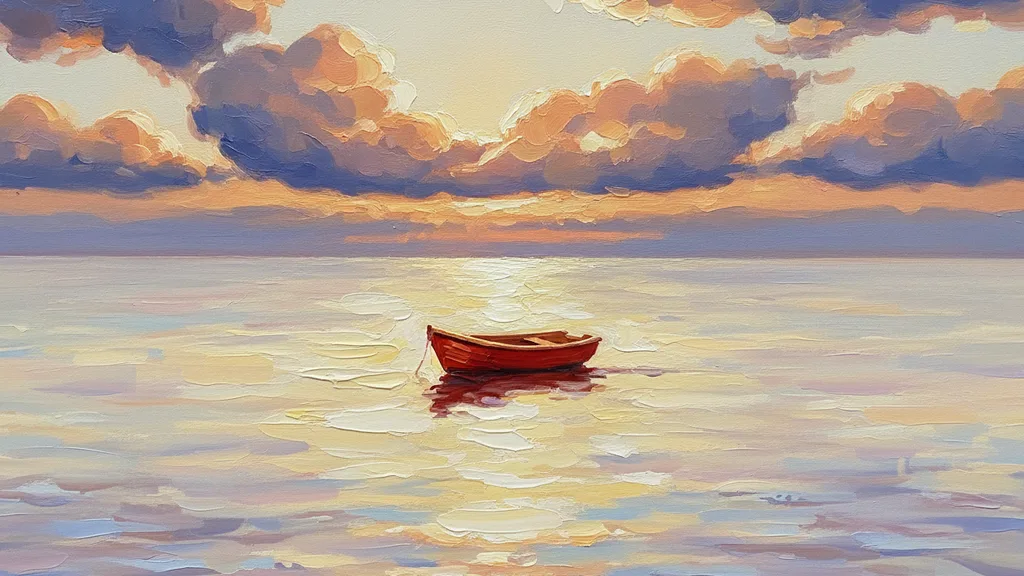 a minimalist single red boat on a vast pale sea