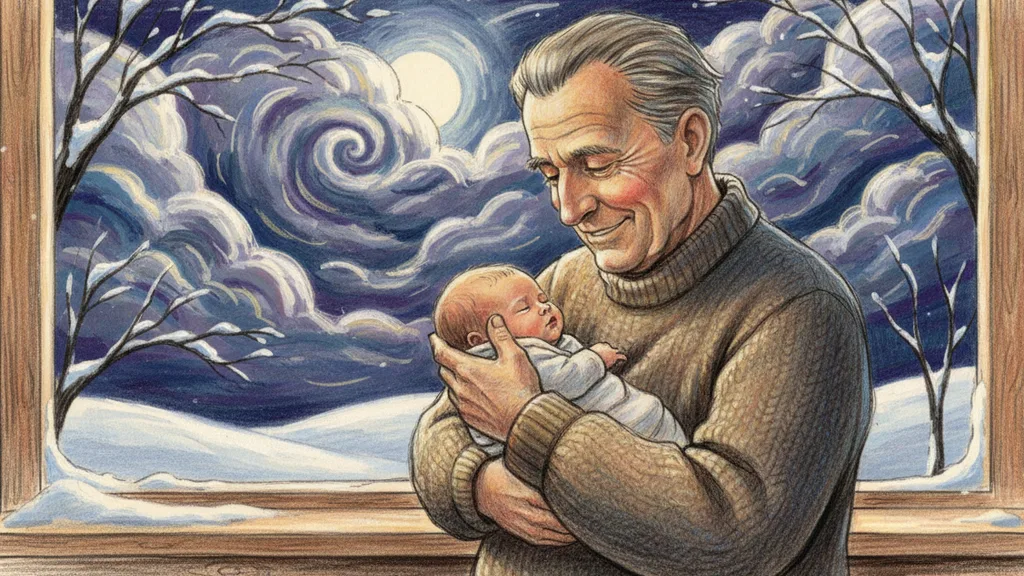 a proud grandfather holding a newborn, soft window light