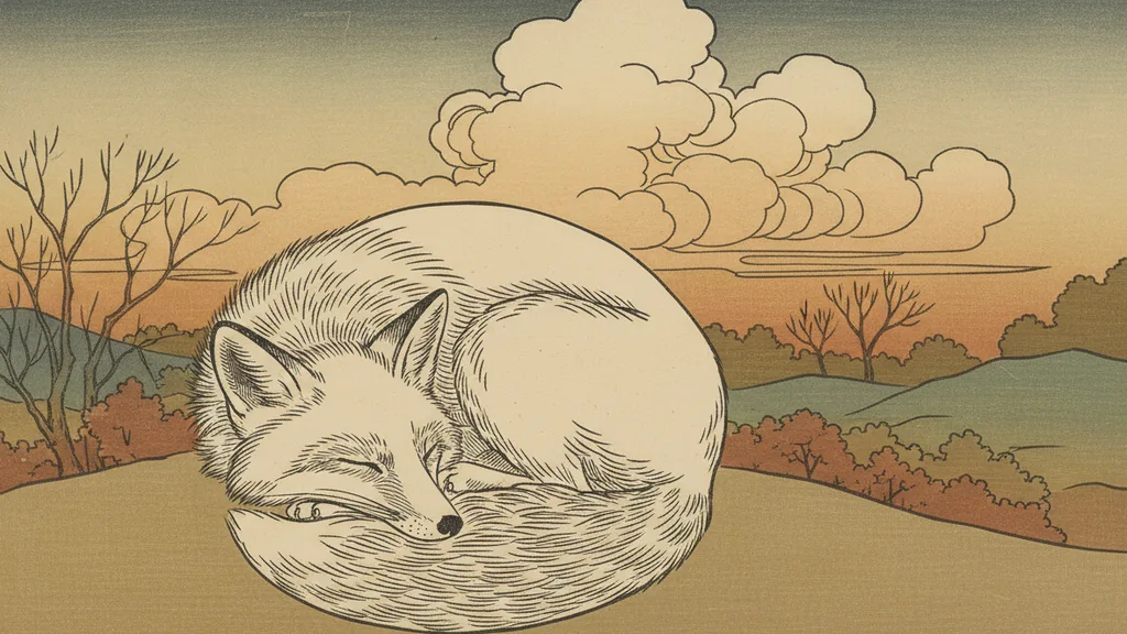 a curled-up sleeping fox drawn in one continuous line