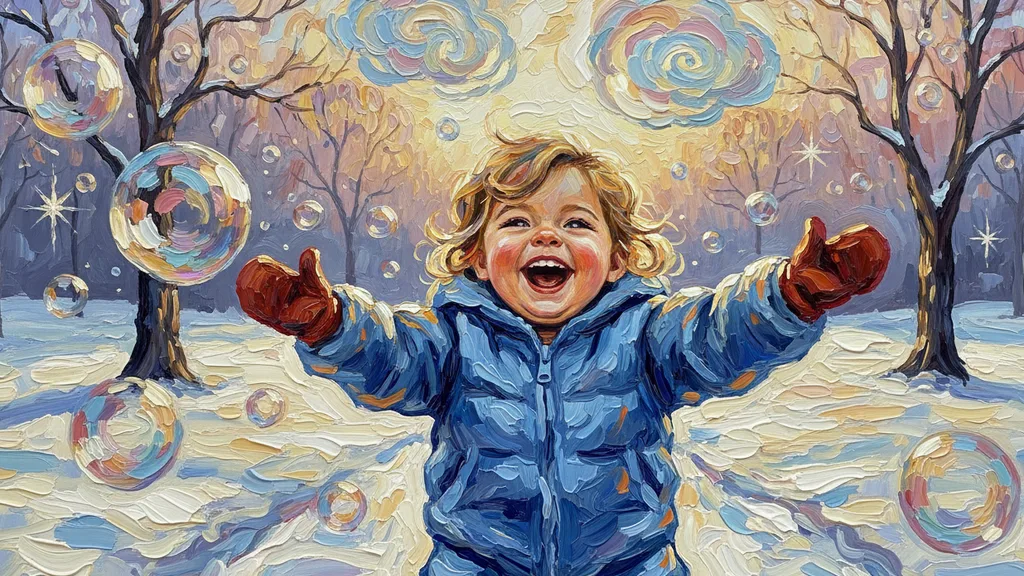 a laughing toddler chasing bubbles in a backyard