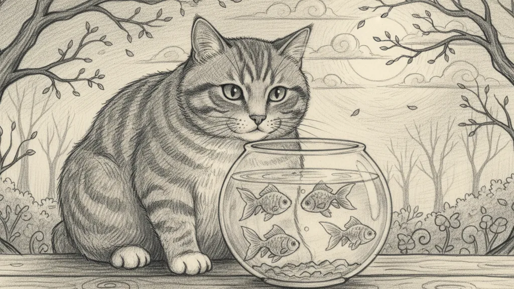 a tabby cat watching goldfish in a bowl