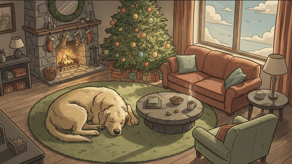a cozy Christmas living room, tree lights and a sleeping dog