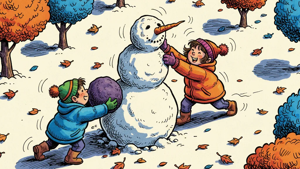 two kids building a lopsided snowman with a carrot nose