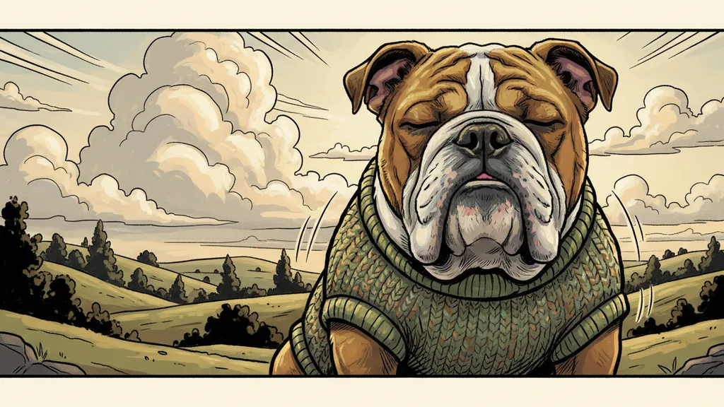 a sleepy bulldog in a tiny knitted sweater