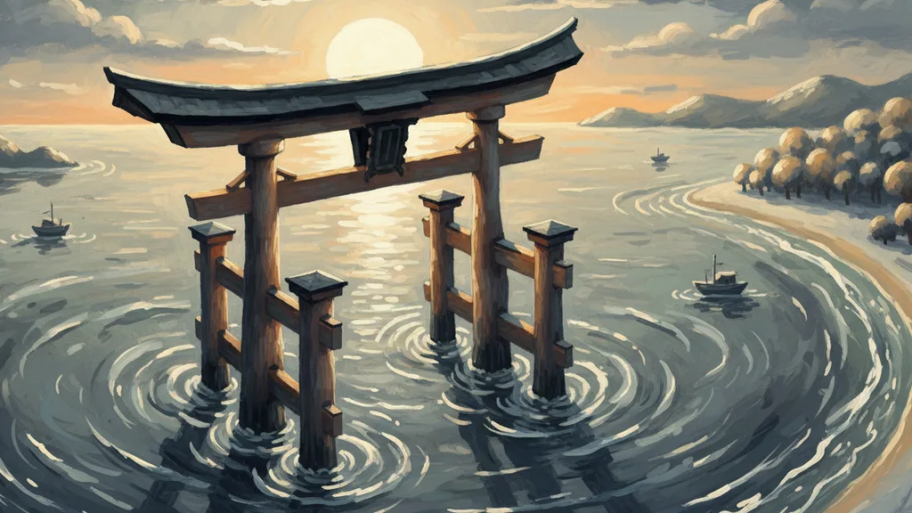 a Japanese torii gate standing in the sea at sunset