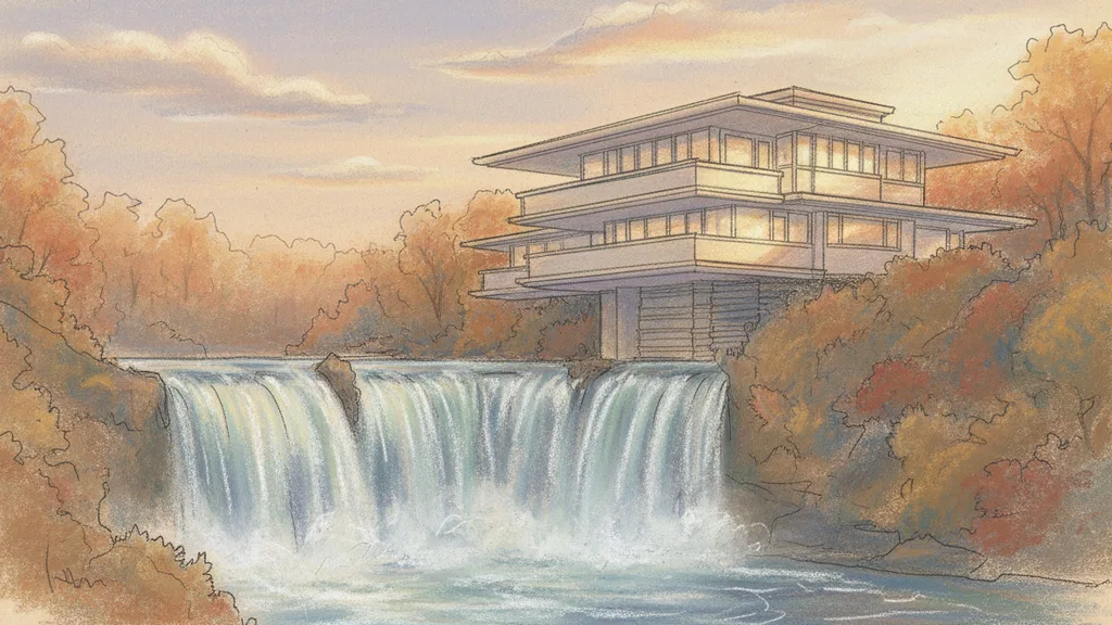 a Frank Lloyd Wright style house over a waterfall