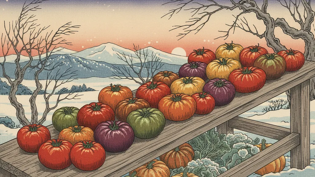 a farmers' table of heirloom tomatoes, every color