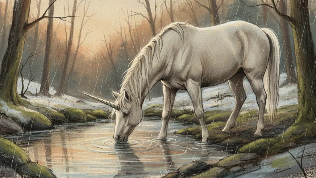 a unicorn drinking from a moonlit forest stream